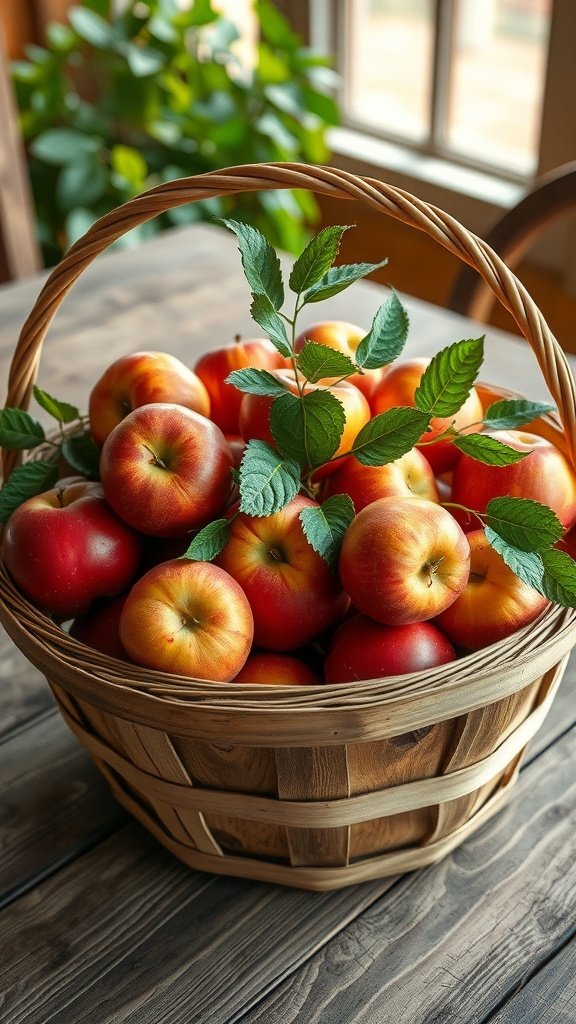 A rustic basket filled with crisp red and yellow apples on a wooden table.