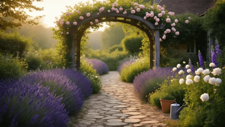 A romantic golden hour scene of a lush French cottage garden with a weathered stone pathway, aged wooden arbor covered in pale pink climbing roses, and vibrant flowerbeds of lavender, peonies, and delphiniums, illuminated by soft evening sunlight.