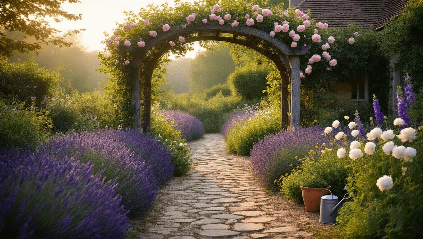 A romantic golden hour scene of a lush French cottage garden with a weathered stone pathway, aged wooden arbor covered in pale pink climbing roses, and vibrant flowerbeds of lavender, peonies, and delphiniums, illuminated by soft evening sunlight.