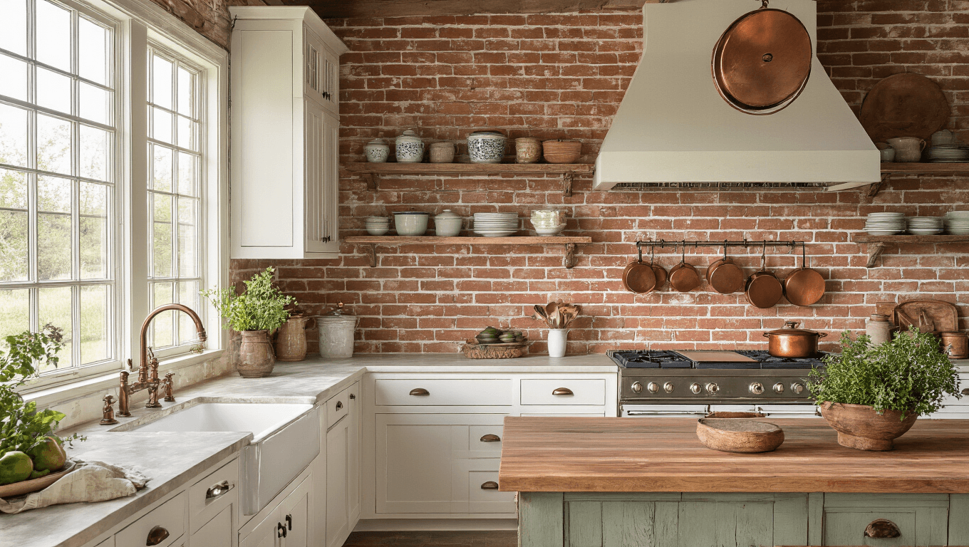 A warmly lit farmhouse kitchen featuring a weathered red brick backsplash, white shaker cabinets, a deep farmhouse sink with aged brass fixtures, and a butcher block island adorned with pottery and herbs, all accented with soft sage green details.