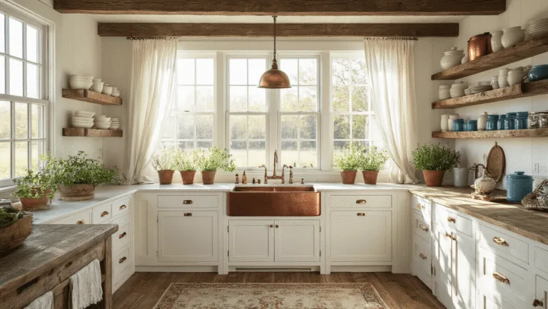 Wide-angle shot of a sunlit farmhouse kitchen featuring White Dove cabinets, a rustic wood island, and open shelving with cream pottery and blue mason jars, complemented by a copper farmhouse sink and vintage details.