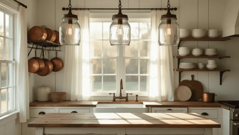 A sunlit farmhouse kitchen featuring oversized mason jar pendant lights above a white oak island, with natural light filtering through large windows, casting shadows on shiplap walls, adorned with vintage copper pots and fresh herbs.