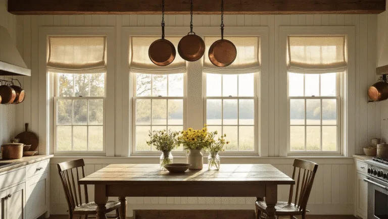 A sunlit rustic farmhouse kitchen with large double-hung windows, featuring natural linen Roman shades, exposed wooden beams, a butcher block island, and a worn wooden table adorned with wildflowers in mason jars, all in a soft golden hour light.