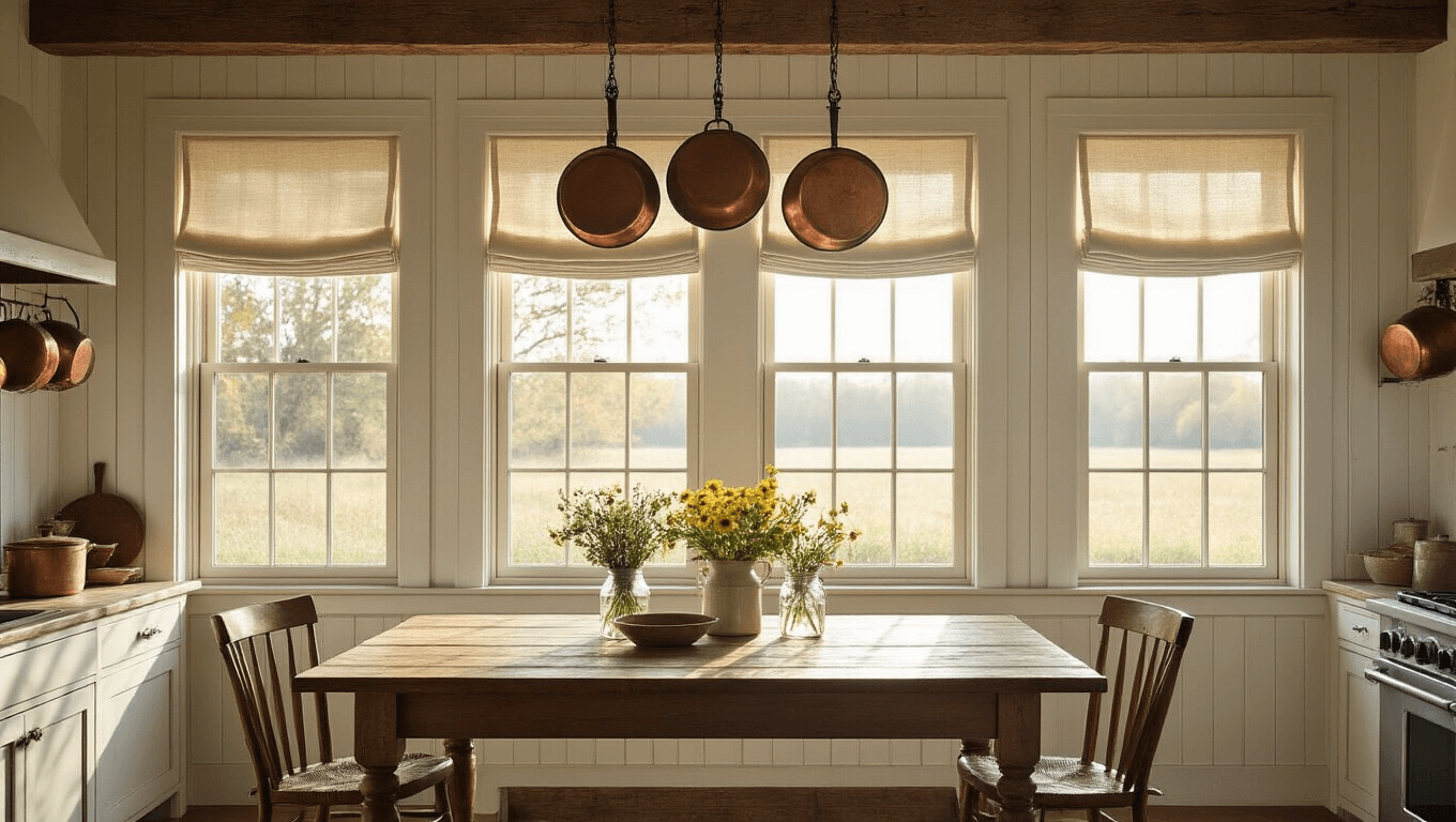 A sunlit rustic farmhouse kitchen with large double-hung windows, featuring natural linen Roman shades, exposed wooden beams, a butcher block island, and a worn wooden table adorned with wildflowers in mason jars, all in a soft golden hour light.