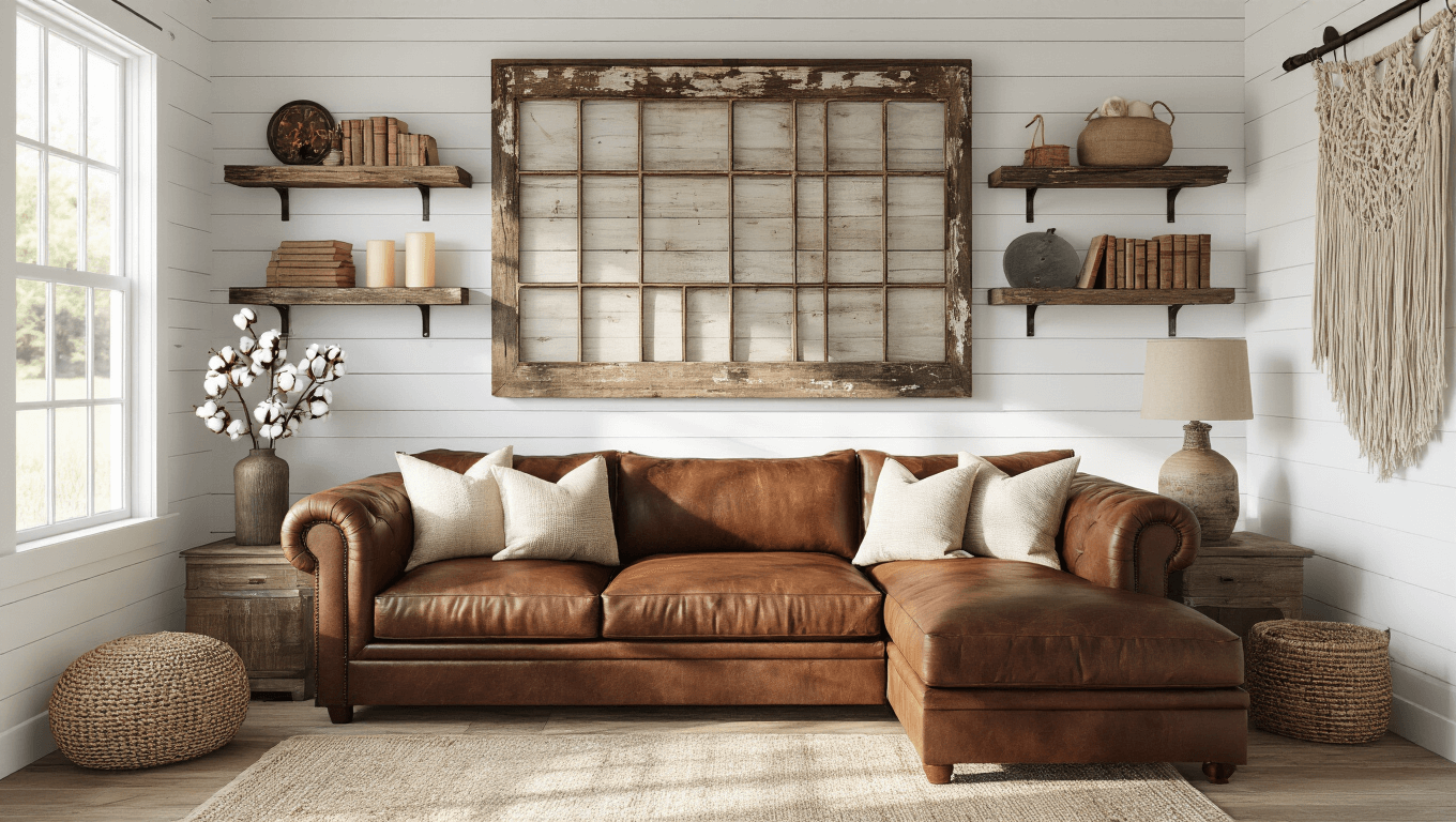 A sun-drenched cozy living room featuring a plush brown leather sectional couch against a white shiplap wall, adorned with rustic decor including a reclaimed barnwood sign, vintage mirrors, floating wooden shelves with candles and dried cotton stems, and a macramé wall hanging, all bathed in warm natural light.