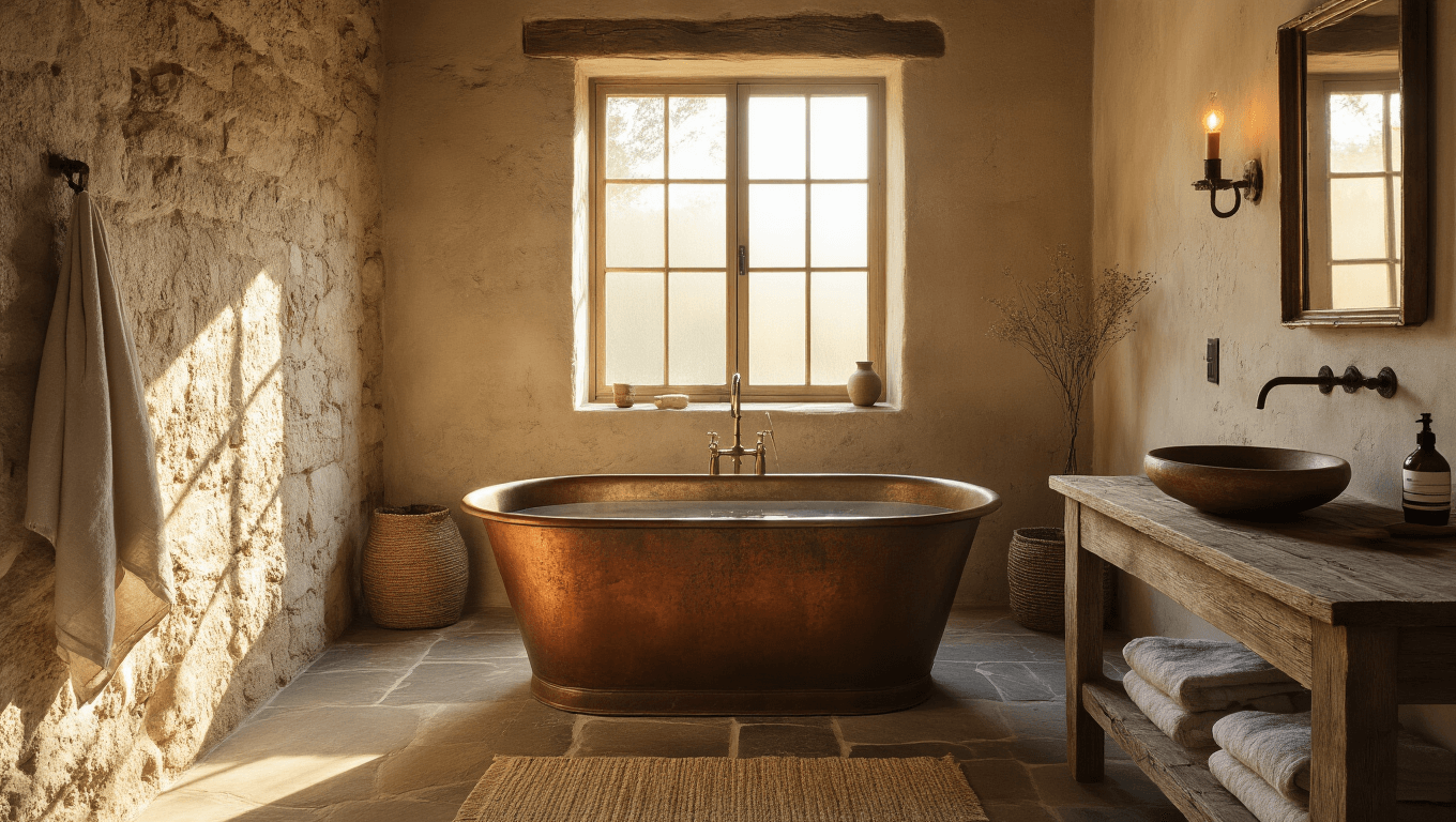 A serene rustic bathroom featuring a weathered copper freestanding tub, rough-hewn stone walls, and a reclaimed wooden vanity with a ceramic vessel sink, all illuminated by golden hour sunlight.