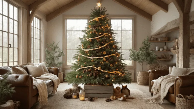 A sun-drenched living room with vaulted wooden ceilings features a 7-foot Fraser fir Christmas tree in a weathered crate, adorned with natural decorations, soft lighting, and cozy furnishings, creating a warm holiday atmosphere.