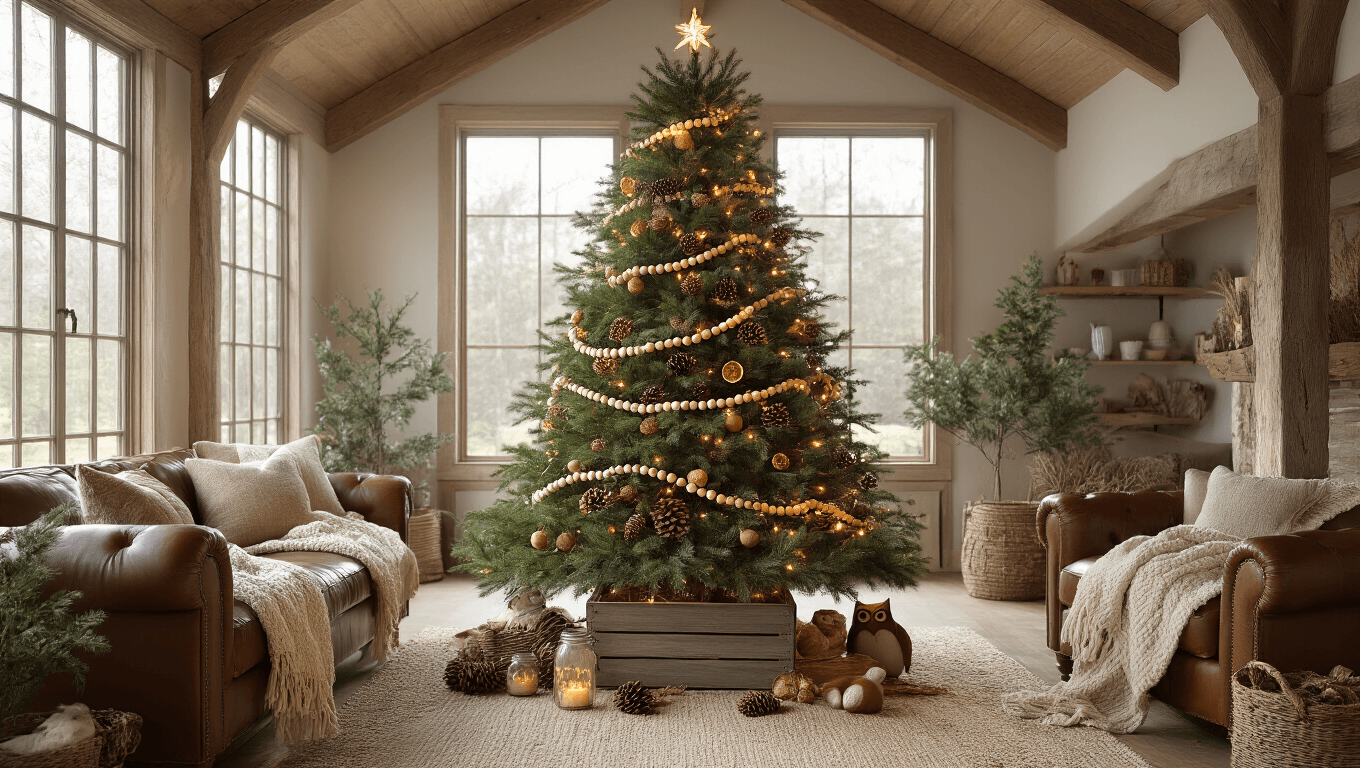 A sun-drenched living room with vaulted wooden ceilings features a 7-foot Fraser fir Christmas tree in a weathered crate, adorned with natural decorations, soft lighting, and cozy furnishings, creating a warm holiday atmosphere.