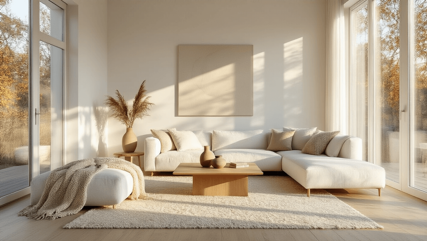 A bright Scandinavian living room bathed in golden hour light, featuring a minimalist white linen sofa, pale oak coffee table, and soft textures like a chunky knit throw and bouclé pillows, all accented by a large abstract art piece and natural decor elements.