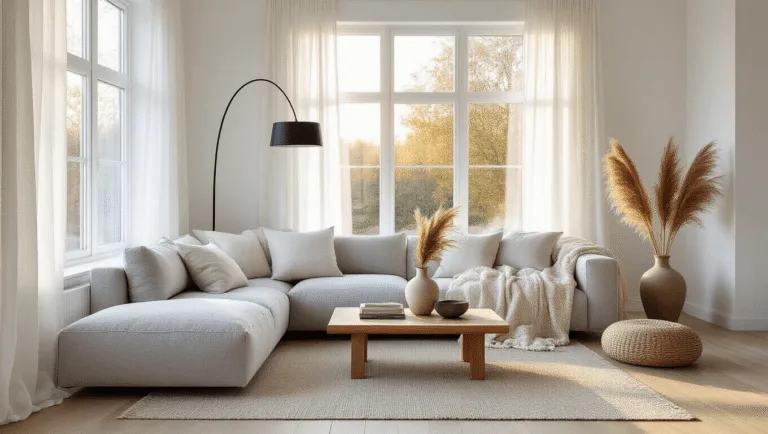 Hyperrealistic photograph of a serene Scandinavian living room bathed in warm golden light, featuring a gray linen sectional, oak coffee table, and organic decor elements against crisp white walls and light oak flooring.