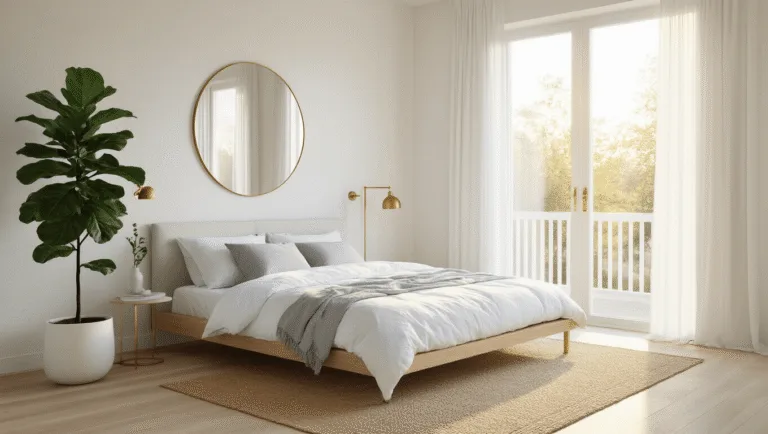 A serene Scandinavian minimalist bedroom bathed in golden morning light, featuring a low-profile bed with white linens, pale oak flooring, and a fiddle leaf fig plant.