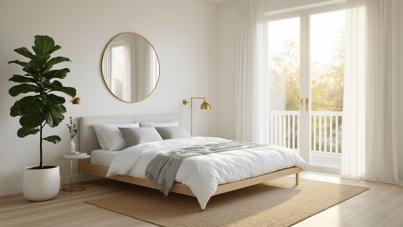A serene Scandinavian minimalist bedroom bathed in golden morning light, featuring a low-profile bed with white linens, pale oak flooring, and a fiddle leaf fig plant.