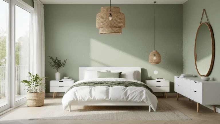 Modern Scandinavian bedroom featuring a minimalist white NORDLI bed against a sage green accent wall, with natural light, layered bedding, rattan pendant light, and wood accents.