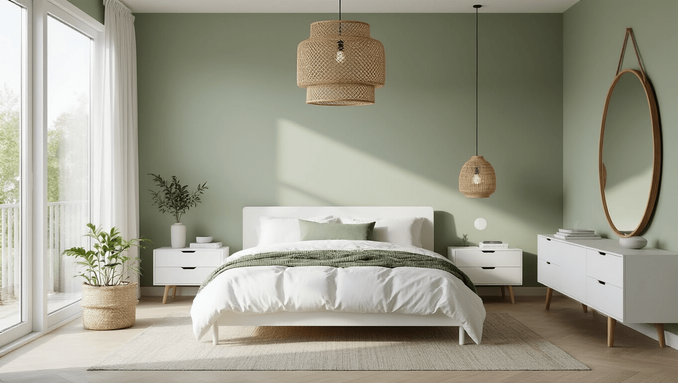 Modern Scandinavian bedroom featuring a minimalist white NORDLI bed against a sage green accent wall, with natural light, layered bedding, rattan pendant light, and wood accents.