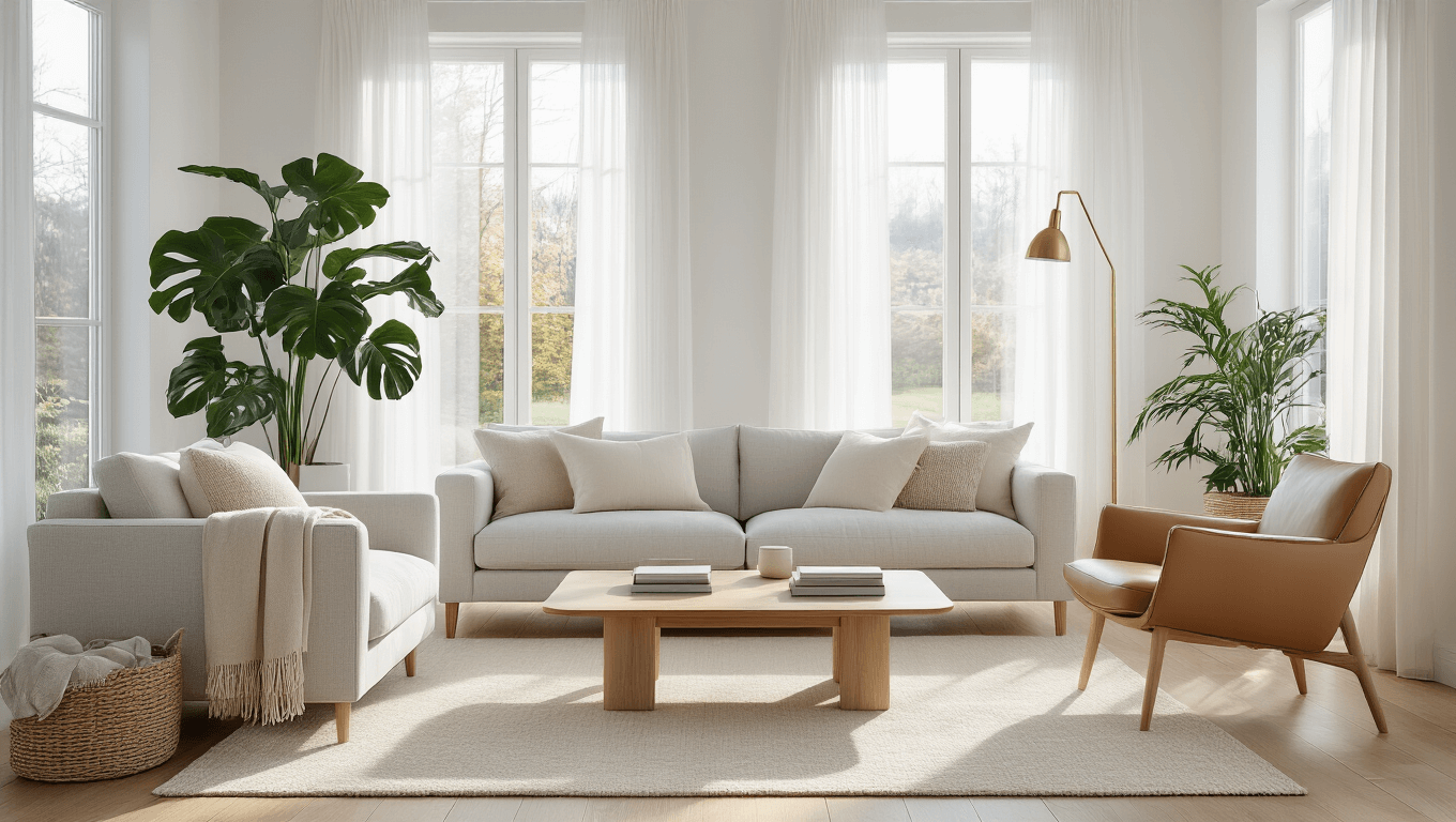 A photorealistic Scandinavian minimalist living room bathed in serene morning light, featuring a light gray sofa with textured cushions, a wooden coffee table on a wool rug, and a large monstera plant in a white pot, all illuminated by sunlight streaming through sheer curtains.