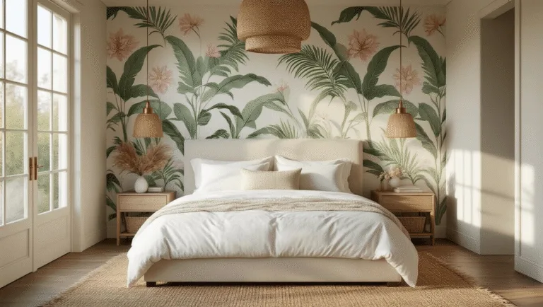 A serene master bedroom illuminated by soft morning light, featuring botanical wallpaper, a cream upholstered king bed, textured throw pillows, a natural jute rug, and a rattan pendant light, captured in photorealistic detail with golden hour lighting.