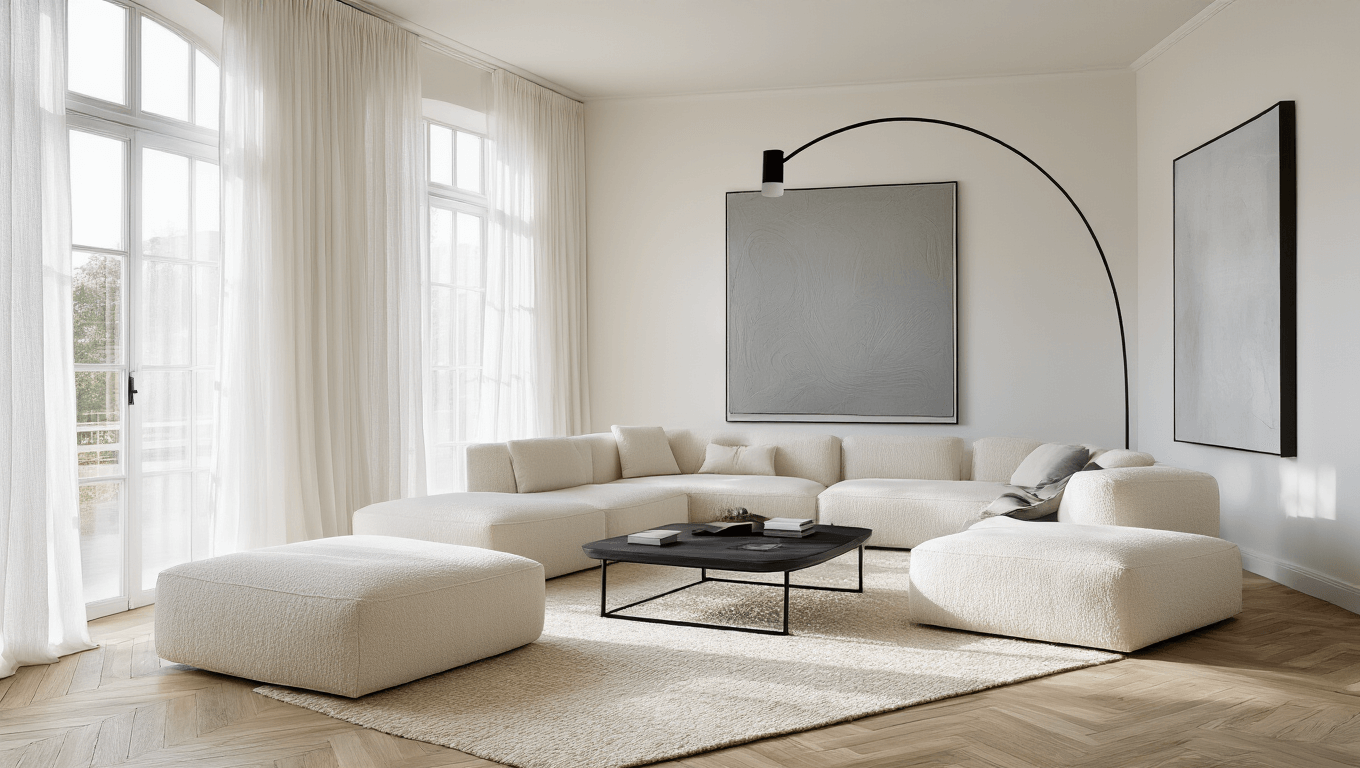 A serene minimalist living room with floor-to-ceiling windows, a low-profile ivory bouclé sectional, a black metal coffee table, and bleached oak herringbone floors, illuminated by natural light and featuring an oversized abstract canvas and a mature olive tree in a concrete planter.