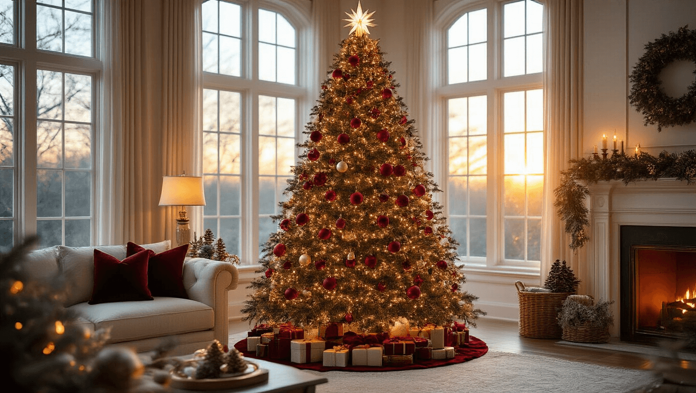 A photorealistic image of a grand living room at golden hour, featuring a beautifully decorated Fraser fir Christmas tree with warm white lights, vintage ornaments, and a golden angel topper, set against a backdrop of a stone fireplace and a cream-colored sectional sofa.