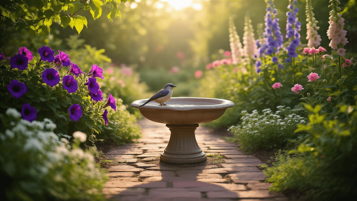 A weathered ceramic bird bath surrounded by cascading purple petunias and pink calibrachoa, in a sunlit cottage garden with delphiniums and foxgloves, dappled sunlight through maple branches, and a rustic brick pathway.