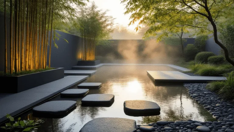 A minimalist garden pond at golden hour with a modern rectangular concrete design, surrounded by dark charcoal planters and vertical bamboo stalks, reflecting the sky and featuring gently rippling water, river rocks, low-growing aquatic plants, and a Japanese maple casting shadows.