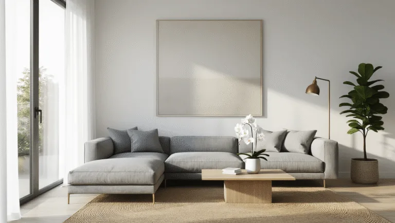 Photorealistic image of a spacious minimalist living room featuring a gray linen sectional, floor-to-ceiling windows with sheer white curtains, an oversized abstract canvas, a light oak coffee table with a white orchid, a jute rug, and a modern brass floor lamp, all captured in soft golden hour light.