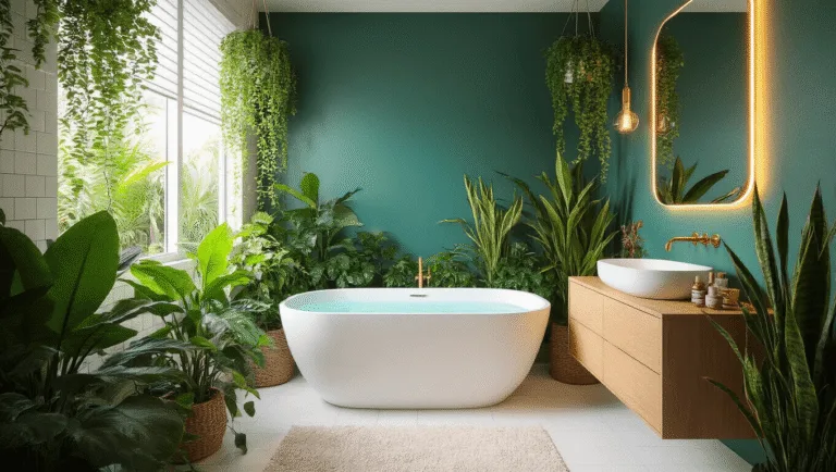 Photorealistic image of a luxurious windowless bathroom transformed into a tropical oasis, featuring a modern freestanding bathtub, lush tropical plants, warm LED lighting, and elegant fixtures in a serene, spa-like atmosphere.