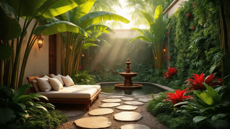 A cinematic wide-angle view of a tropical courtyard garden at golden hour, featuring a winding stone path, a teak daybed, a copper fountain, lush greenery, and vibrant flowers under warm string lights.