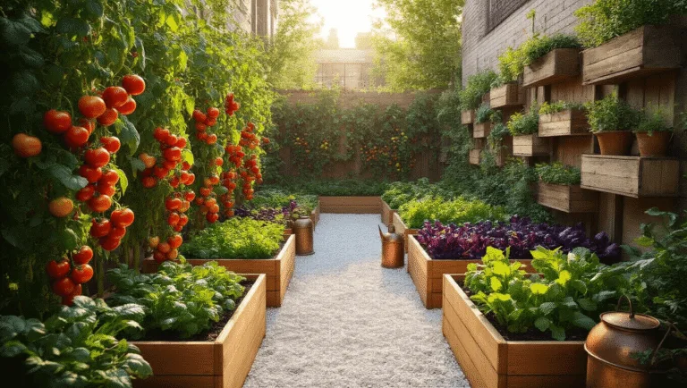 Photorealistic wide-angle shot of a sunlit urban courtyard garden with spiral cedar raised beds filled with ripe heirloom tomatoes, purple basil, and rainbow chard, featuring white shell pathways, vintage watering cans, herb wall, and string lights, all captured at golden hour with soft natural backlighting and a shallow depth of field.
