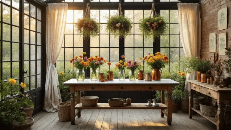 A sunlit Victorian-style conservatory with floor-to-ceiling windows, featuring a weathered wooden workbench adorned with fresh-cut garden flowers in vintage mason jars, dried flower bundles hanging above, and soft bokeh lighting creating a warm ambiance.