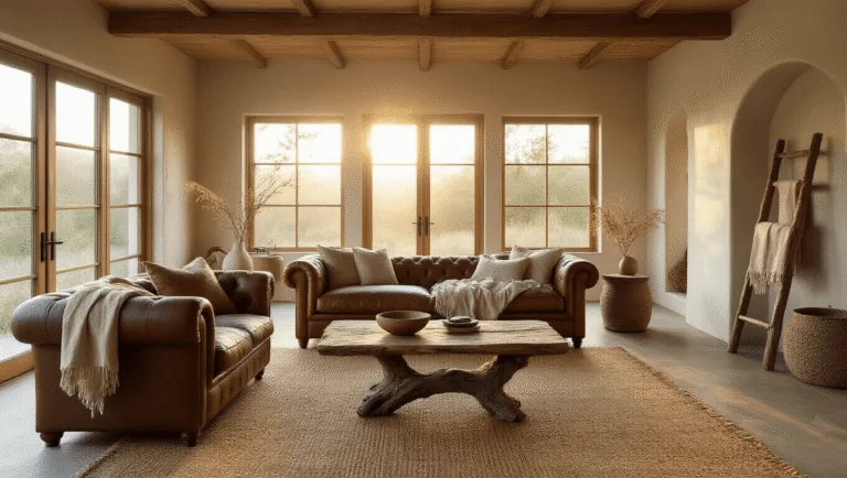 A serene living room showcasing wabi-sabi aesthetic with a weathered leather Chesterfield sofa, gnarled driftwood coffee table, and vintage textiles, illuminated by golden hour sunlight streaming through large windows.