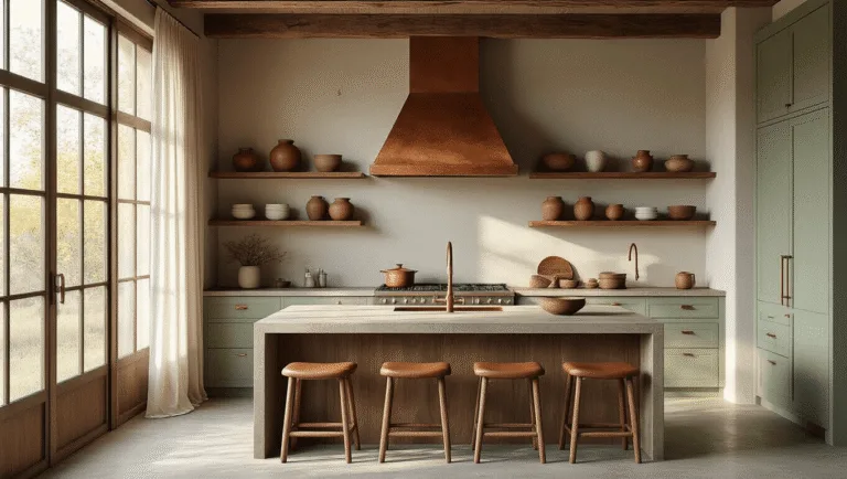 Photorealistic image of a wabi-sabi kitchen at golden hour, featuring natural materials like wooden beams, walnut shelving with earth-toned ceramics, vintage copper fixtures, and a live-edge island, all illuminated by soft natural light and complemented by a warm color palette of ochres and greens.