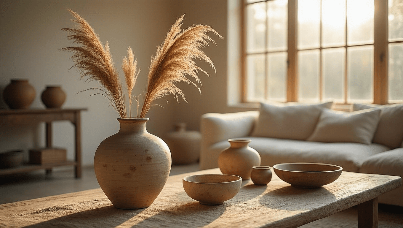 A cinematic photograph of a sunlit living room featuring wabi sabi ceramics, with an asymmetrical vase holding pampas grass in the foreground, a weathered wooden coffee table with handcrafted pottery in the mid-ground, and a low-slung linen sofa in the background, all illuminated by golden hour light.