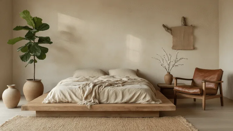 A serene bedroom interior showcasing a low-profile wooden platform bed with wrinkled beige linen sheets, a weathered leather armchair, and a fiddle leaf fig in an imperfect ceramic pot, all bathed in soft morning light with an earthy color palette.
