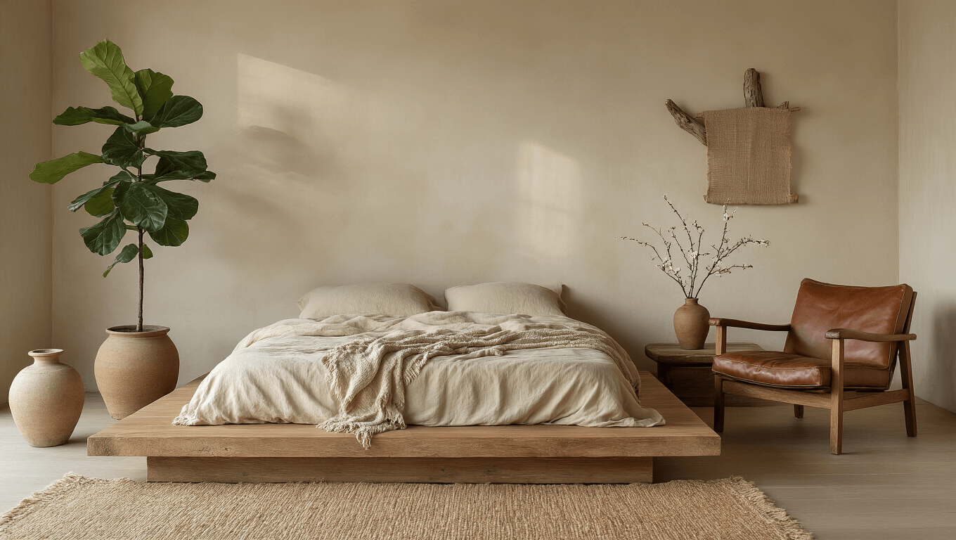 A serene bedroom interior showcasing a low-profile wooden platform bed with wrinkled beige linen sheets, a weathered leather armchair, and a fiddle leaf fig in an imperfect ceramic pot, all bathed in soft morning light with an earthy color palette.