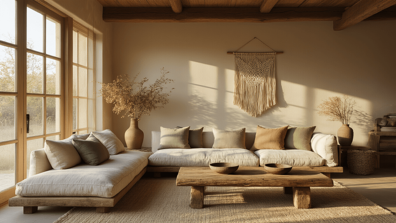 A serene living room featuring a low-slung linen sofa with mismatched cushions, a weathered oak coffee table with a ceramic bowl, exposed wooden beams, a rough stone fireplace, and soft golden hour light casting gentle shadows on textured walls.