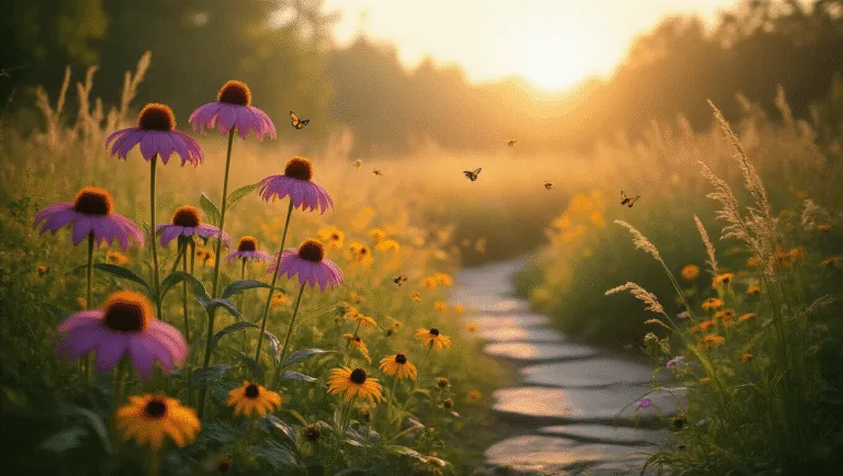 A lush wildflower garden at golden hour, featuring Purple Coneflowers and Black-Eyed Susans with dreamy bokeh, framed by natural stone borders and illuminated by warm sunlight, creating an ethereal atmosphere with bees and butterflies amidst vibrant colors.