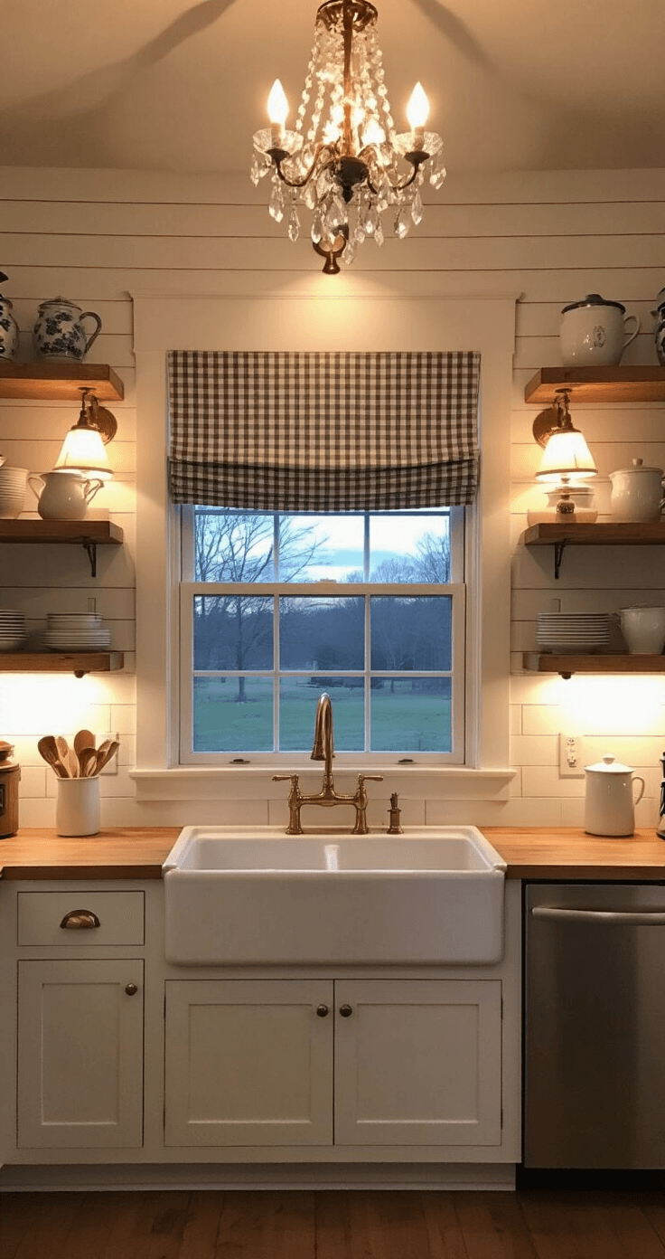 A cozy farmhouse kitchen at twilight, featuring a white fireclay sink with a brass gooseneck faucet, wall sconces, under-cabinet lighting, and a small crystal chandelier above. Open shelving displays enamelware and pottery, while a buffalo check roman shade dresses the window, all creating a romantic, intimate atmosphere with subtle shadows enhancing textures.