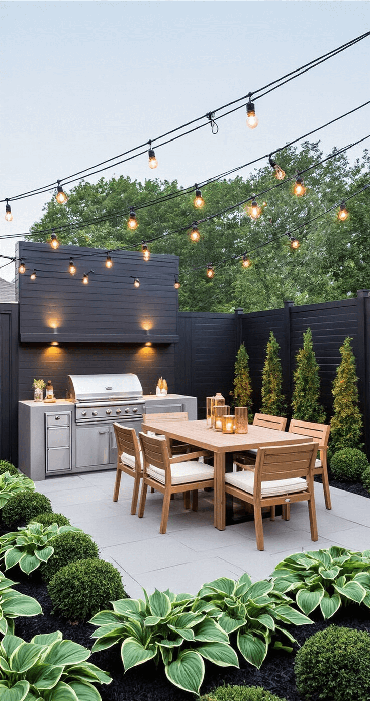 Eye-level view of an elegant evening outdoor entertaining space featuring a matte black composite fence with LED downlighting, overhead string lights, a modern outdoor kitchen in brushed steel and concrete, lush chartreuse hostas and black mondo grass groundcover, a central teak dining set with cream cushions, and glowing copper lanterns.
