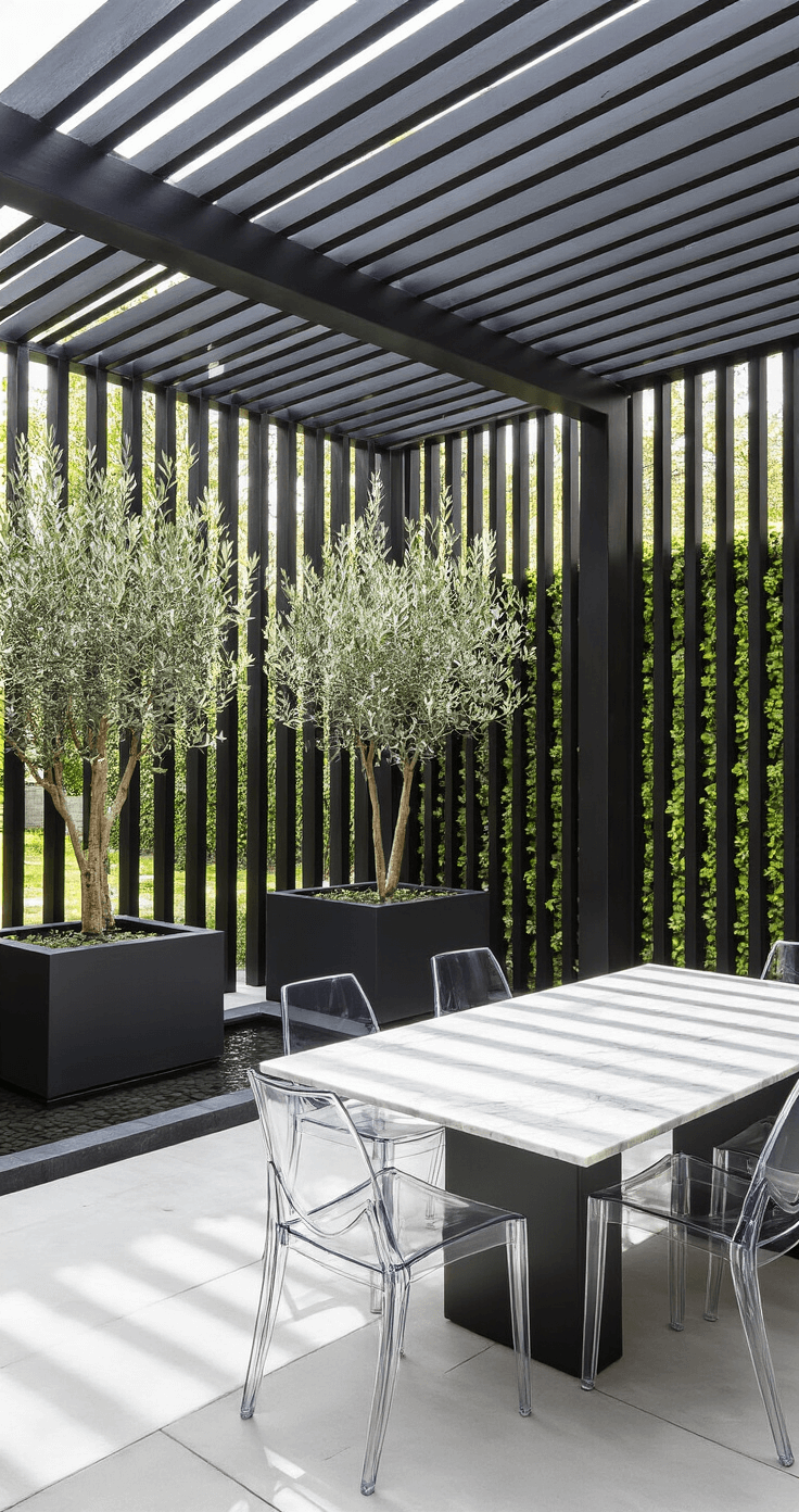 Close-up of a minimalist garden room featuring vertical black wood slats, silver-leaved olive trees in black cubic planters, a dark basalt water feature, ghost chairs around a white marble table, polished concrete flooring, and green wall sections.