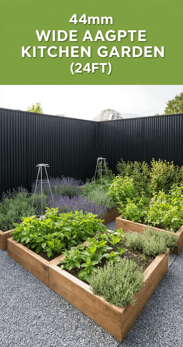 Wide-angle view of a raised bed kitchen garden featuring black corrugated steel panels, overflowing herbs including purple sage, silver thyme, and golden oregano, seasonal vegetable-filled cedar beds, galvanized metal obelisks for climbing peas, and slate gray gravel paths, all illuminated by morning light.