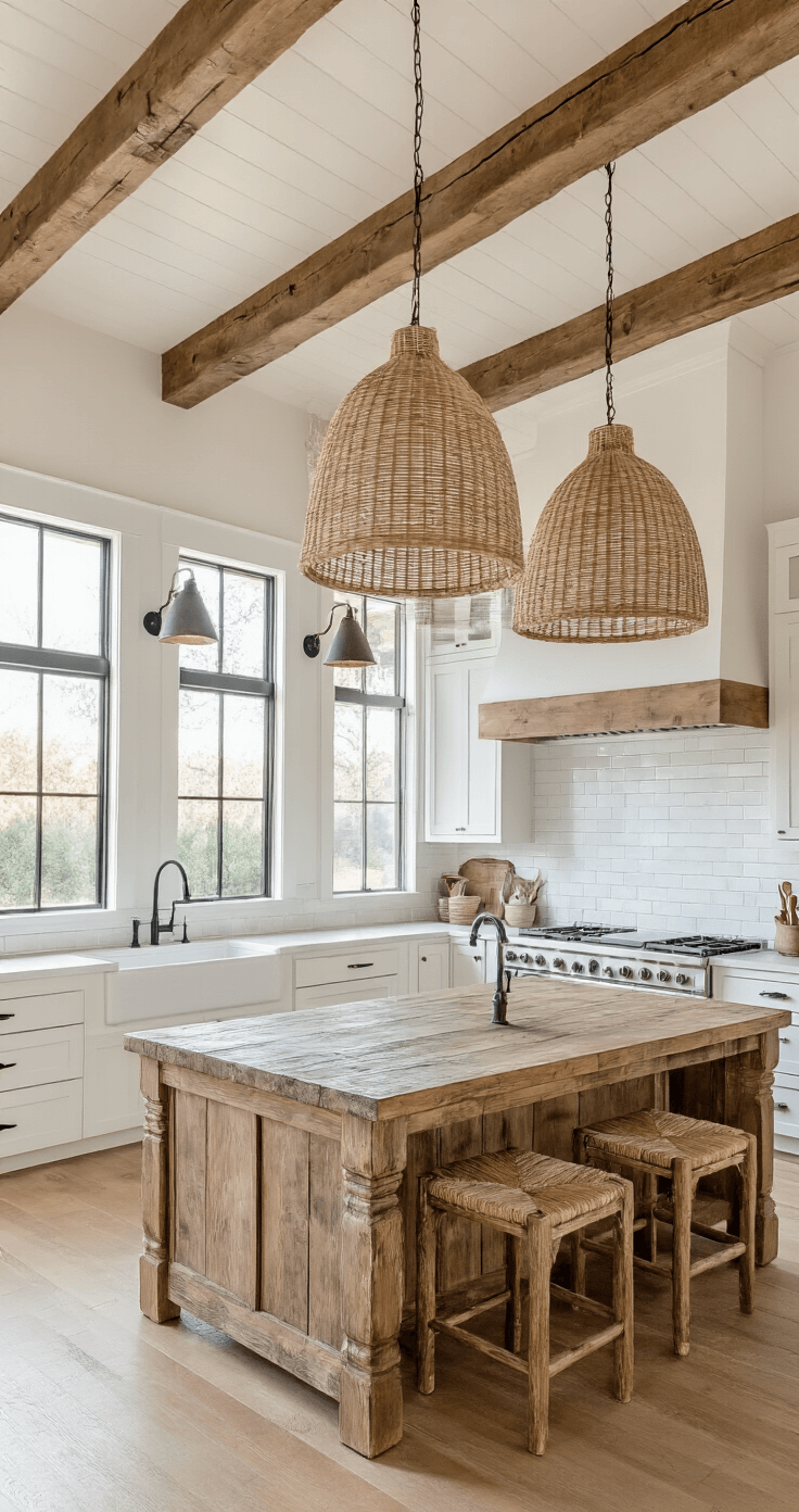 Farmhouse Kitchen Lighting: Brighten Your Space with Rustic Charm A wide-angle view of a spacious farmhouse kitchen with vaulted ceilings, featuring a rustic wooden island, oversized woven pendant lights, white shaker cabinets, and a vintage farmhouse sink under a large window, illuminated by early morning sunlight and warm Edison bulbs.