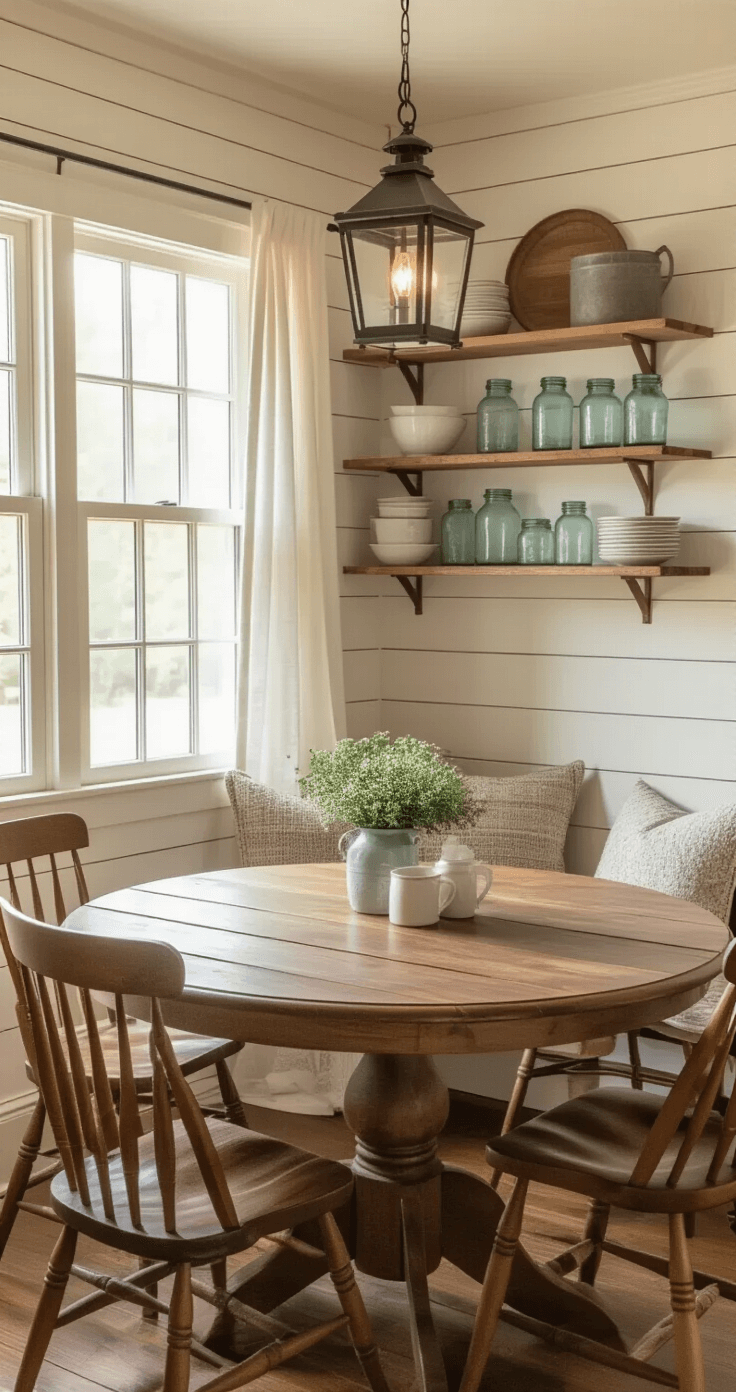 Farmhouse Kitchen Lighting: Brighten Your Space with Rustic Charm A cozy farmhouse kitchen nook featuring a round wooden table illuminated by an antique lantern, surrounded by mismatched wooden chairs and displaying vintage milk glass and mason jars on open shelving, with soft cream shiplap walls and crisp white curtains filtering afternoon light.