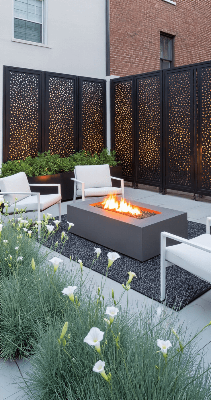 Twilight urban courtyard featuring black aluminum privacy screens with geometric cutouts casting patterned light, a glowing contemporary fire pit, white modern chairs on a charcoal rug, silver-blue festuca grass, blooming white moonflowers, and warm brass accents.