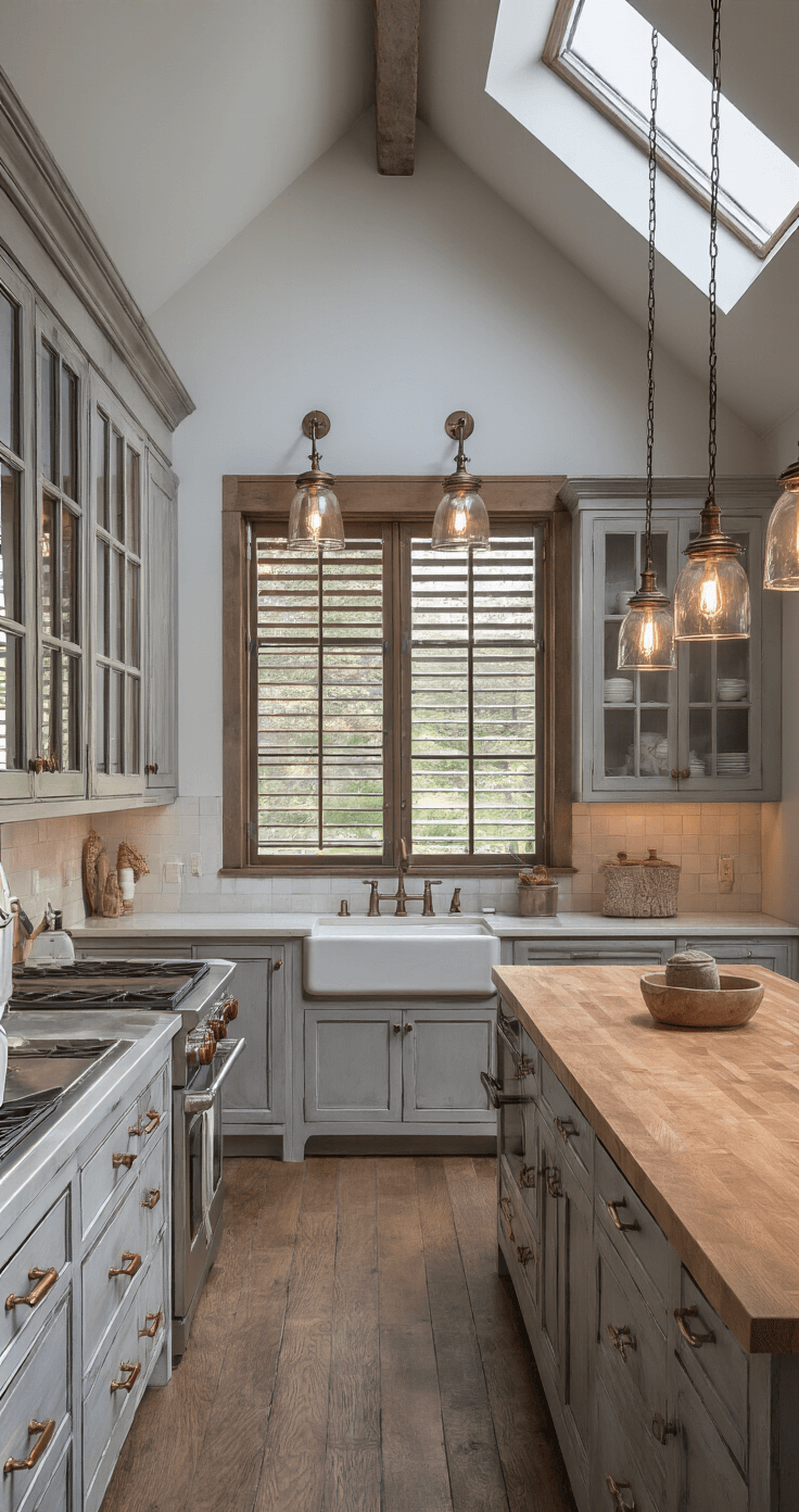 Farmhouse Kitchen Lighting: Brighten Your Space with Rustic Charm A spacious farmhouse kitchen at dusk with a dramatic pitched ceiling, featuring a long island with a butcher block top and mason jar pendant lights, distressed gray cabinets with copper hardware, and a large farmhouse sink under a picture window. The scene captures a warm blend of natural and artificial lighting, showcasing a cozy, inviting atmosphere.