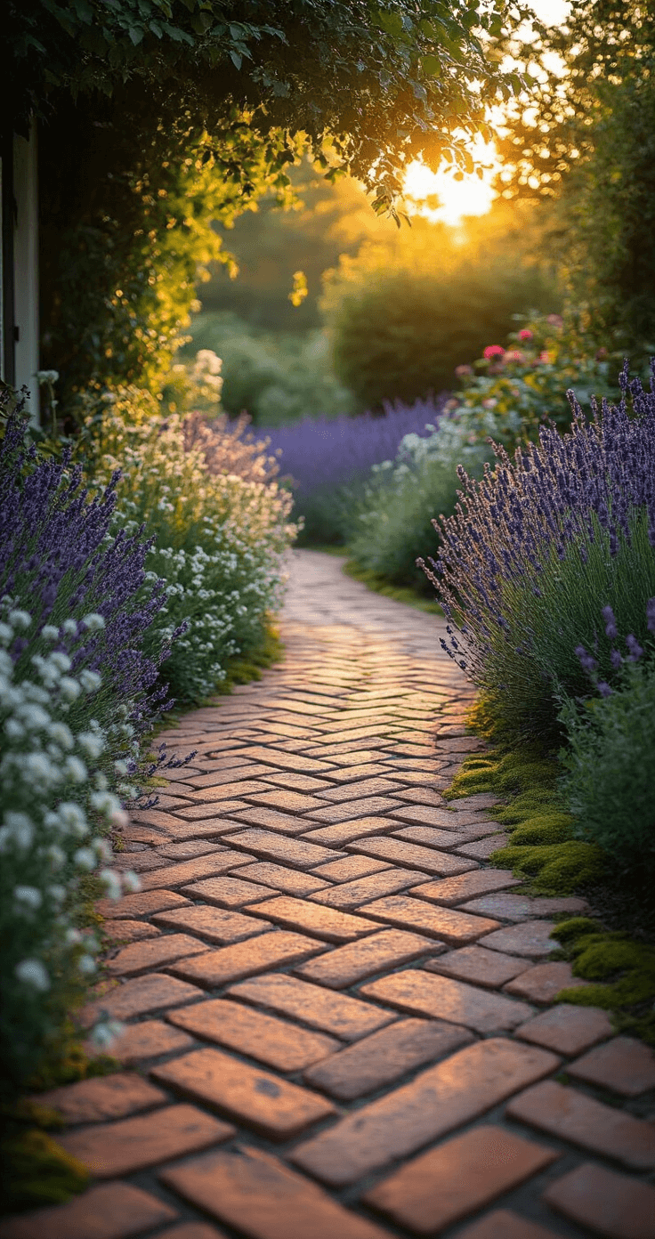 A winding garden pathway made of antique clay bricks in a herringbone pattern curves through a cottage garden, illuminated by soft golden hour light that filters through lavender and roses, with catmint and white alyssum bordering the path, and moss growing naturally between the bricks.