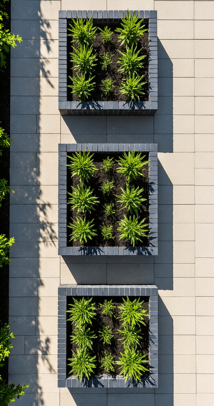 Overhead view of a modern raised planter system featuring three rectangular beds made of charcoal bricks, with strong shadows in bright sunlight and light grey polymeric sand joints, showcasing drought-tolerant plants in a grid layout, accented by steel edging.