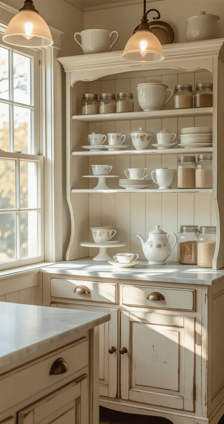 Farmhouse Kitchen Lighting: Brighten Your Space with Rustic Charm A close-up of a cozy farmhouse kitchen corner featuring a distressed white hutch filled with vintage cake stands and tea cups, illuminated by milk glass pendant lights. A small marble-topped prep area below is highlighted by warm, directional lighting, with mason jars of baking ingredients on open shelves, all set against a creamy white and pastel color palette.