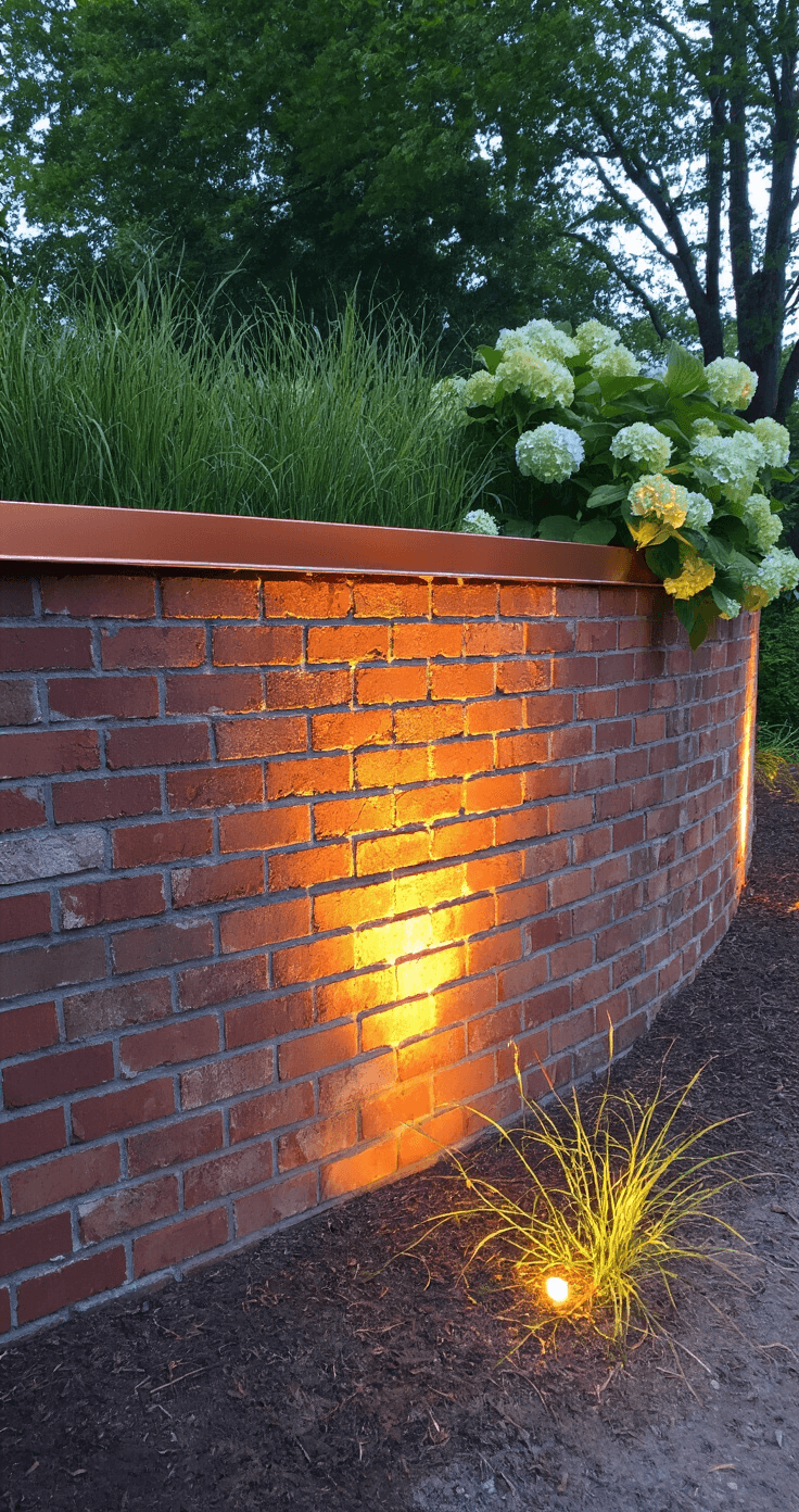 Eye-level twilight shot of a curved brick retaining wall featuring warm-toned reclaimed bricks, integrated LED lighting, and copper cap flashing, with native grasses at the base and climbing hydrangea starting to grow on the upper section, casting dramatic shadows across the textured surface.
