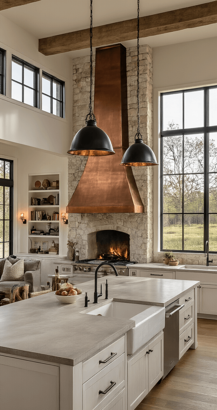Farmhouse Kitchen Lighting: Brighten Your Space with Rustic Charm A panoramic view of a grand open-concept farmhouse kitchen and living area bathed in golden hour sunlight, featuring a massive concrete island with black metal pendants, white oak cabinets, a copper range hood, and a living area with a stone fireplace and built-in bookshelves. Warm wood tones, cool grays, and copper accents enhance the inviting atmosphere.
