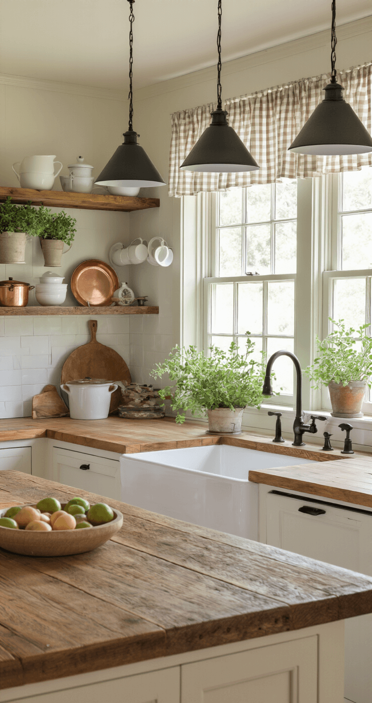 Farmhouse Kitchen Lighting: Brighten Your Space with Rustic Charm A cozy farmhouse kitchen with a reclaimed wood island, breakfast nook, and soft twilight glow through gingham curtains, featuring open shelving with white ironstone and copper cookware, and a large apron-front sink under a window with herb planters.